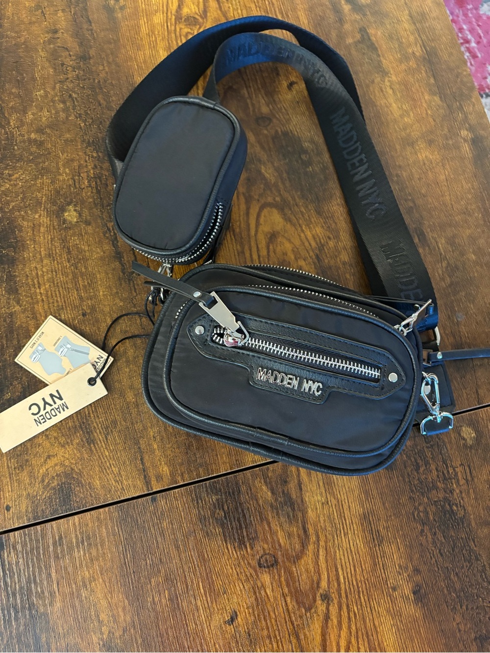 Madden NYC Black Leather Crossbody Belt Bag